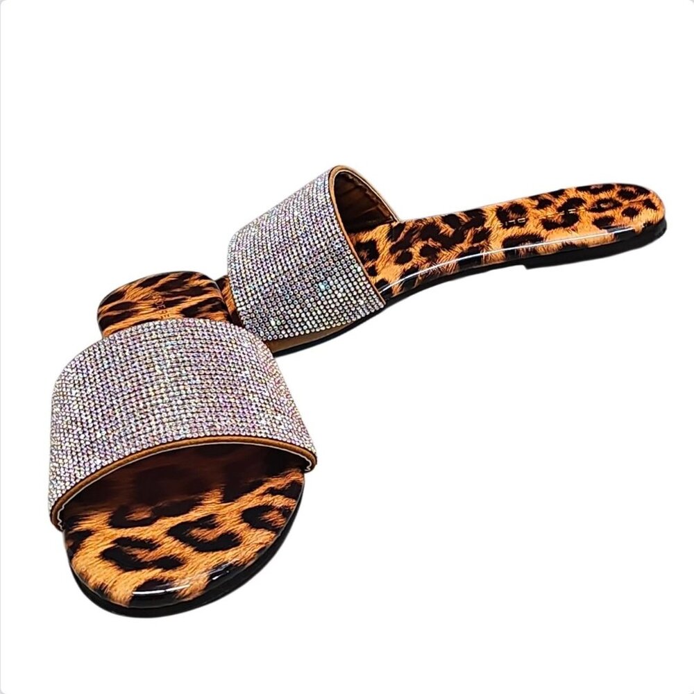 Leopard Print Slides With Rhinestone Straps Stylish Womens Sandals - Picture 3 of 7